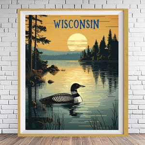 Wisconsin Poster, Loon Print, Lake House Print, Madison Milwaukee Wisconsin Decor, Wisconsin Landscape, State Bird Print bundle-v #vp901