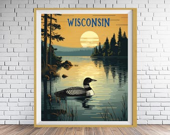 Wisconsin Poster, Loon Print, Lake House Print, Madison Milwaukee Wisconsin Decor, Wisconsin Landscape, State Bird Print (#st1v-vp0901)