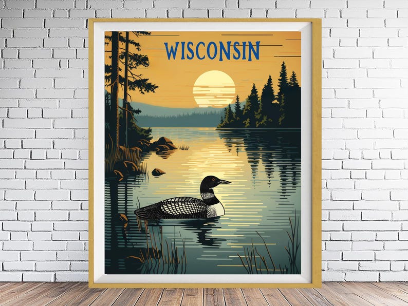 Wisconsin Poster, Loon Print, Lake House Print, Madison Milwaukee Wisconsin Decor, Wisconsin Landscape, State Bird Print (#st1v-vp0901) image 1