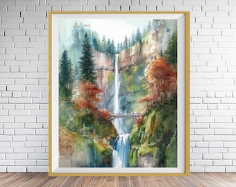Peut inclure: Peinture à l'aquarelle d'une cascade dévalant une falaise rocheuse, encadrée d'une bordure dorée. L'œuvre présente un pont, des arbres au feuillage rouge et vert, et le texte "Multnomah Falls".
