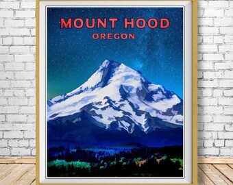 Mt Hood Poster, Portland Oregon Print, Milky Way Photo Vintage Travel Poster (#st1v-vp0050)