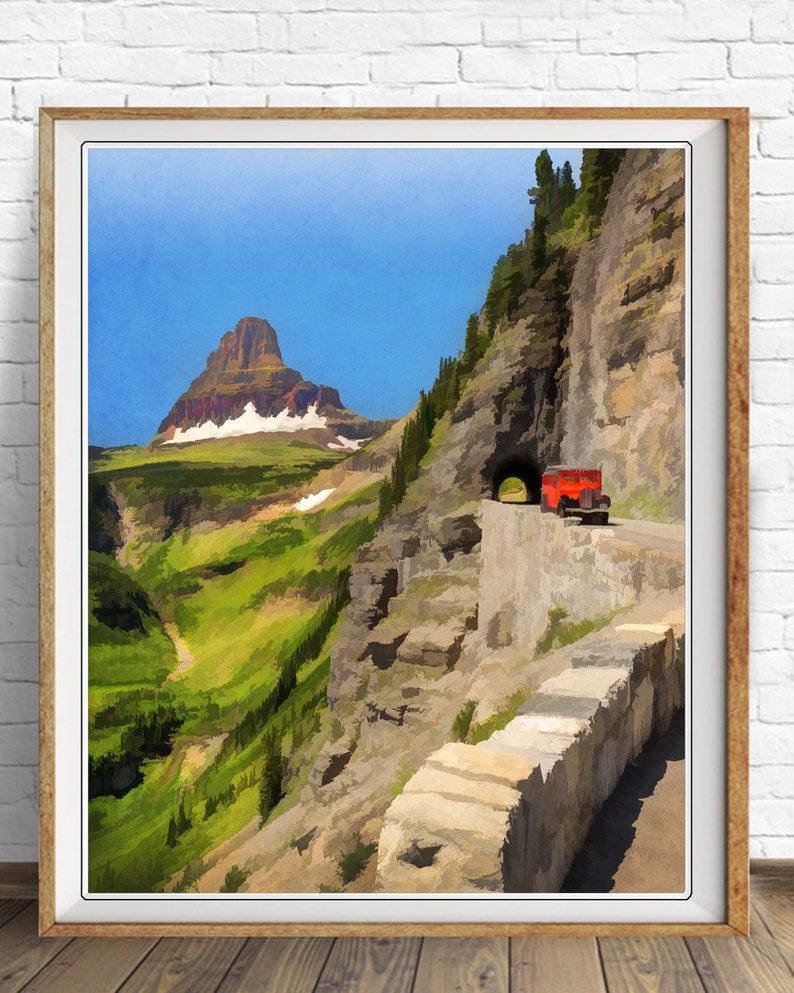 Glacier National Park Poster Wall Art Home Decor #vp42 Montana Print Glacier Red Bus Print Logan Pass