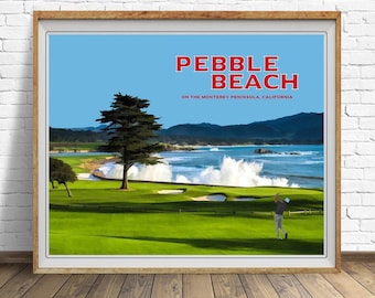 Golf Poster, Pebble Beach Golf Course, Golf Print, Golf Decor, Golf Art, Golf Wall Art, California  (#st1h-vp0038)