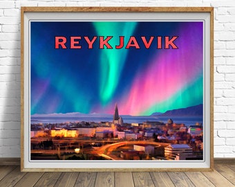Iceland Poster, Rykjavik Print, Northern Lights, Iceland Print, Vintage Travel Poster st1 #vp64