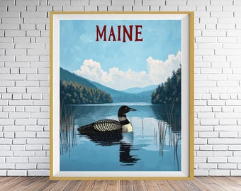 Maine Poster, Loon Print, Portland Poster, Lake House Decor, Loon Poster, Maine Landscape Print, Vintage Bird Poster (#st1v-vp0900)
