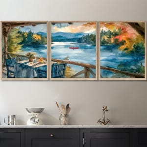 Adirondack Mountains Travel Poster Canoe Print, Scenic New York State Travel Art, Vintage Watercolor Art, Lake House Set of 3 pano3 #vp1335
