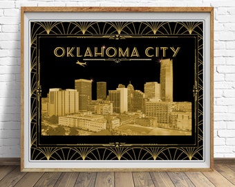 Oklahoma City Skyline Print, Art Deco Poster, Oklahoma City Decor , Vintage Architecture Skyscrapers  st1 #vp189