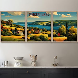 Finger Lakes Travel Poster, Canandaigua Lake, Scenic New York State Landscape Print, Scenic New York Ithaca NYSet of 3 pano3 #vp1276