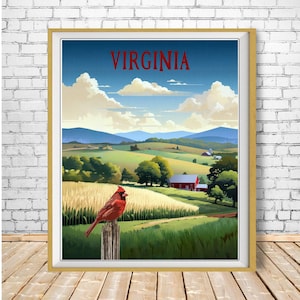 Virginia Poster, Cardinal Print, State Bird, Virginia Landscape Print, Cardinal Bird Art for Birders, bundle-v #vp516