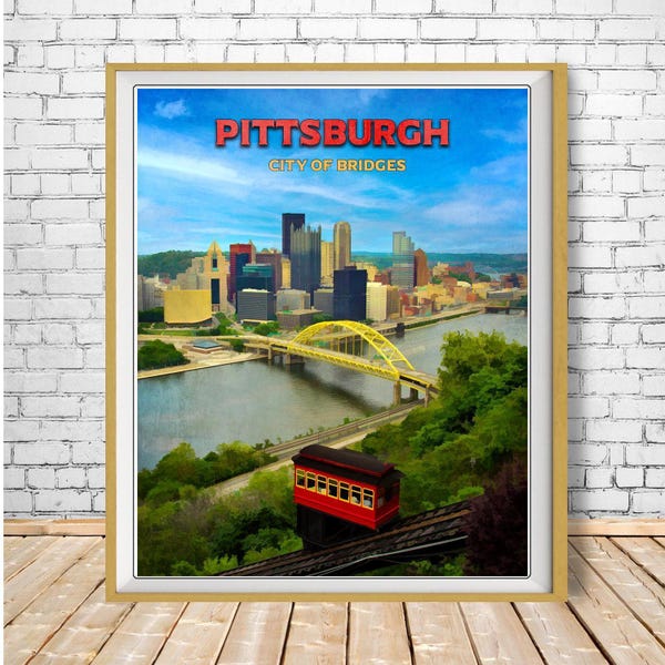 Póster de Pittsburgh, funicular de Duquesne, lámina de Pittsburgh, puentes de Pittsburgh, decoración de Pittsburgh, arte de Pittsburgh, póster de viaje (#st1v-vp0037)