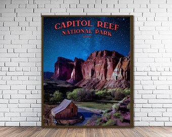 Capitol Reef National Park Night Sky Retro Travel Poster Print (#st1v-vp0321)