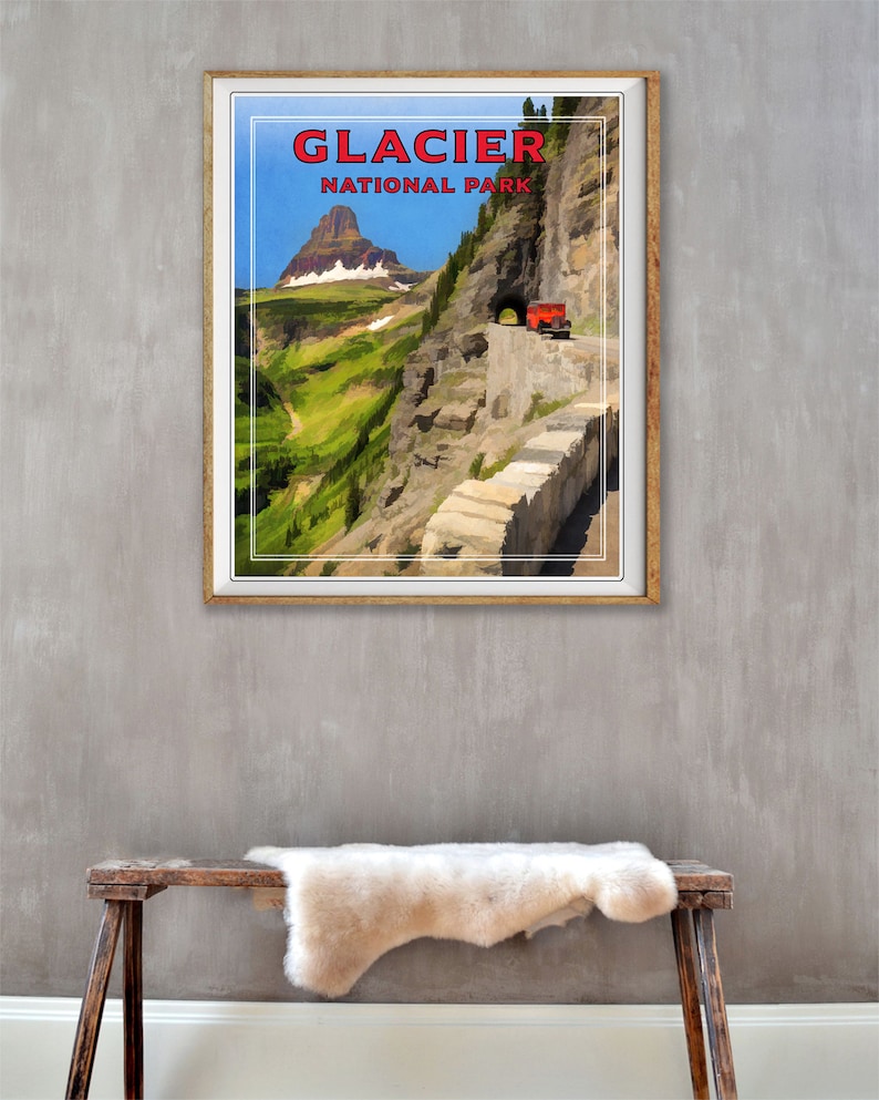 Glacier National Park Poster Wall Art Home Decor #vp42 Montana Print Glacier Red Bus Print Logan Pass