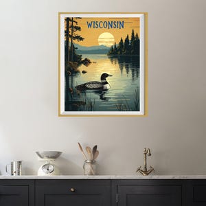 Wisconsin Poster, Loon Print, Lake House Print, Madison Milwaukee Wisconsin Decor, Wisconsin Landscape, State Bird Print (#st1v-vp0901) image 8