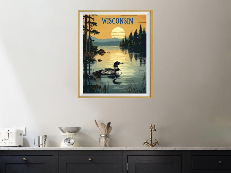 Wisconsin Poster, Loon Print, Lake House Print, Madison Milwaukee Wisconsin Decor, Wisconsin Landscape, State Bird Print (#st1v-vp0901) image 8