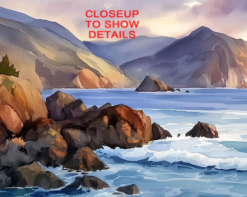 K&ouml;nnte beinhalten: Aquarellmalerei einer K&uuml;stenlandschaft mit felsiger K&uuml;ste und Bergen im Hintergrund. Das Kunstwerk zeigt Blau-, Braun- und Oranget&ouml;ne, mit dem Text "CLOSEUP TO SHOW DETAILS" in Rot.
