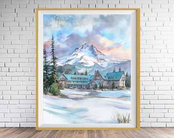 Mt Hood Poster, Timberline Lodge Print, Oregon Decor, Portland Art, Watercolor Travel Poster, Pacific Northwest Wall Art (#st1v-vp1410)