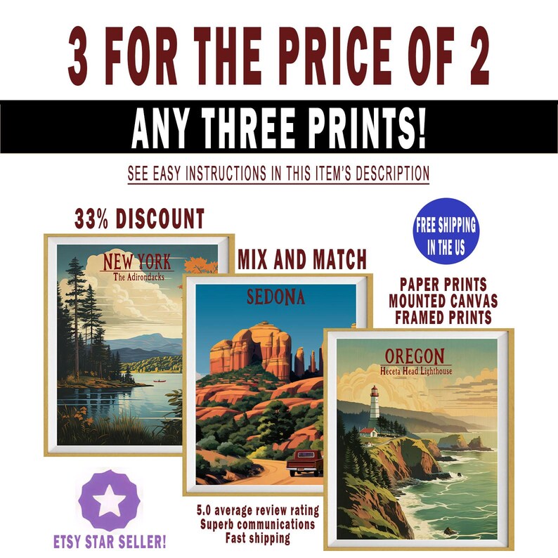 The image is an advertisement for a 3-for-the-price of 2 offer on three different prints, including New York, Mix and Match, and Sedona, as well as a free shipping offer for framed prints in the US.