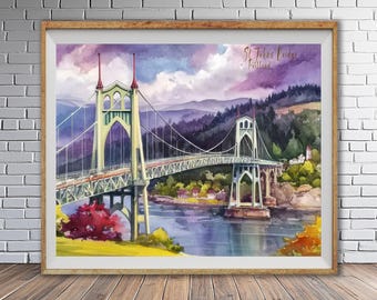 May include: Watercolor painting of the St. Johns Bridge in Portland, Oregon, framed in a wooden frame. The bridge is depicted in shades of green and white, with a backdrop of purple mountains and a blue river. The text "St. Johns Bridge Portland" is in the upper right corner.
