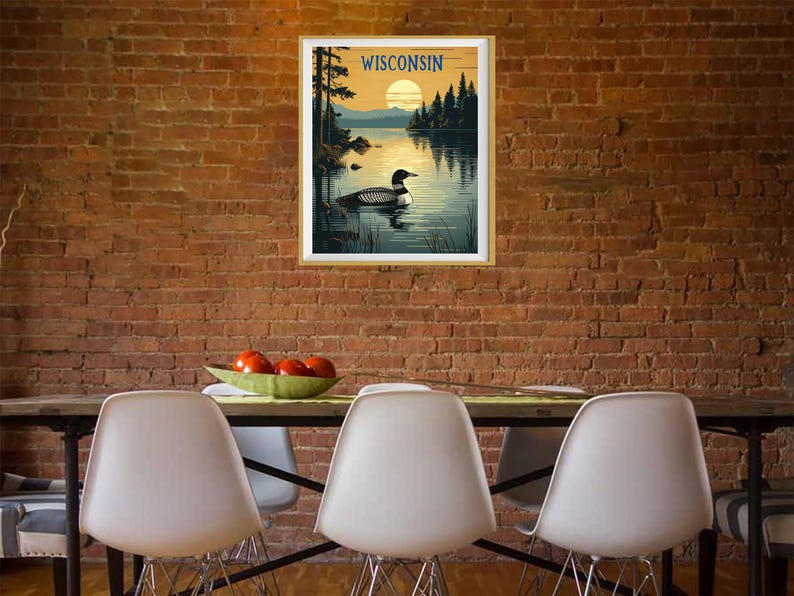 Wisconsin Poster, Loon Print, Lake House Print, Madison Milwaukee Wisconsin Decor, Wisconsin Landscape, State Bird Print (#st1v-vp0901) image 3