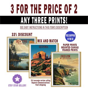The image is an advertisement for a 3-for-the-price of 2 offer on three different prints, including New York, Mix and Match, and Sedona, as well as a free shipping offer for framed prints in the US.