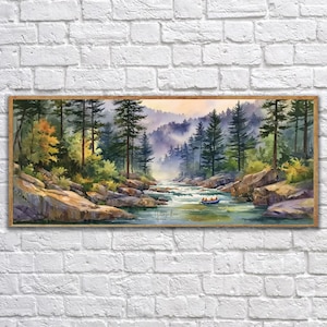 May include: A framed watercolor painting depicts a river scene with a boat carrying people. The artwork features a lush forest with tall evergreen trees, rocky banks, and a misty mountain backdrop. The color palette includes greens, blues, and browns.