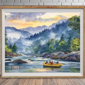 May include: Watercolor painting of a river scene with a yellow raft carrying people. The artwork features a mountain range in the background, with trees and a cloudy sky. The painting is framed in a wooden frame.