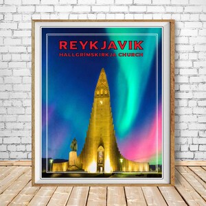 Iceland Poster, Rykjavik Print, Northern Lights, Hallgrimskirkja Church, Vintage Travel Poster bundle-v #vp63