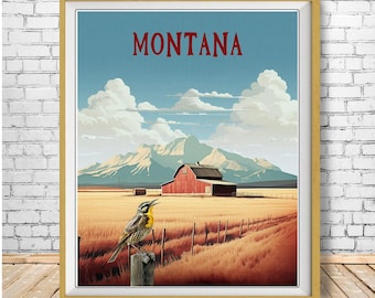 Montana Poster, Meadowlark Print, State Bird, Montana Landscape, Meadowlark Bird, Art for Birders, Birding (#st1v-vp0519)