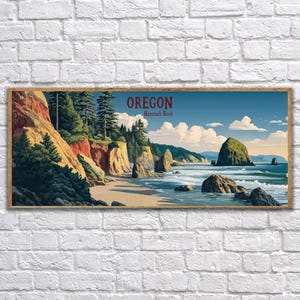 Oregon Coast Poster, Cannon Beach Decor, Haystack Rock, Portland Decor, Pacific Northwest Travel Poster, Seascape Print  pano1 #vp1039