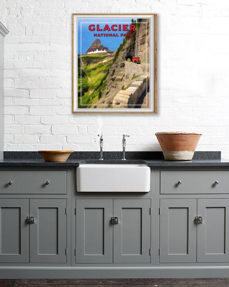 Glacier National Park Poster Wall Art Home Decor #vp42 Montana Print Glacier Red Bus Print Logan Pass