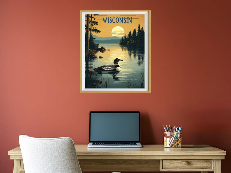 Wisconsin Poster, Loon Print, Lake House Print, Madison Milwaukee Wisconsin Decor, Wisconsin Landscape, State Bird Print (#st1v-vp0901) image 5