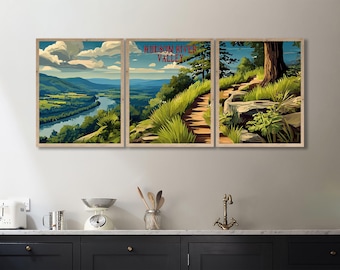Hudson River Valley Travel Poster, New York State Scenic Print, Palisades Art, Gift for Hikers, New York City Decor Set of 3 (#p3-vp1459)