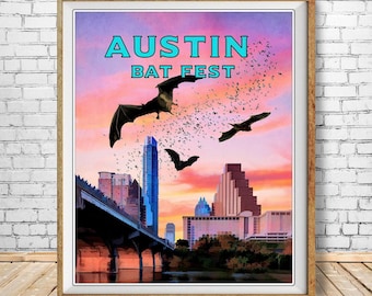 Austin Texas Poster Austin Print Vintage Poster Congress Street Bridge Austin Bat Fest Vintage Print (#st1v-vp0001)