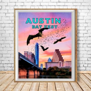 Austin Texas Poster Austin Print Vintage Poster Congress Street Bridge Austin Bat Fest Vintage Print st1 #vp1