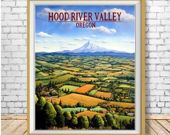 Hood River Valley Print, Mount Hood Poster, Oregon Poster, Portland Art Mt Hood Print Pacific Northwest Decor Travel Poster (#st1v-vp0707)
