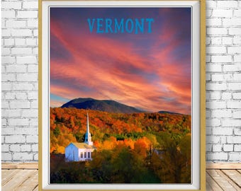 Vermont Poster, Green Mountains Print, Vermont Landscape Print, White Steeple Church, Autumn Color, New England Art, Peeper (#st1v-vp0373)