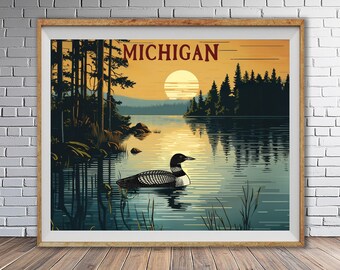 Michigan Travel Poster - Loon on Lake, Detroit and Northern Upper Peninsula Scenery (#st1h-vp1364)