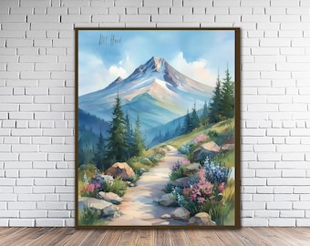 Mount Hood Oregon Watercolor Travel Poster Vintage Fine Art Print (#st1v-vp1409)