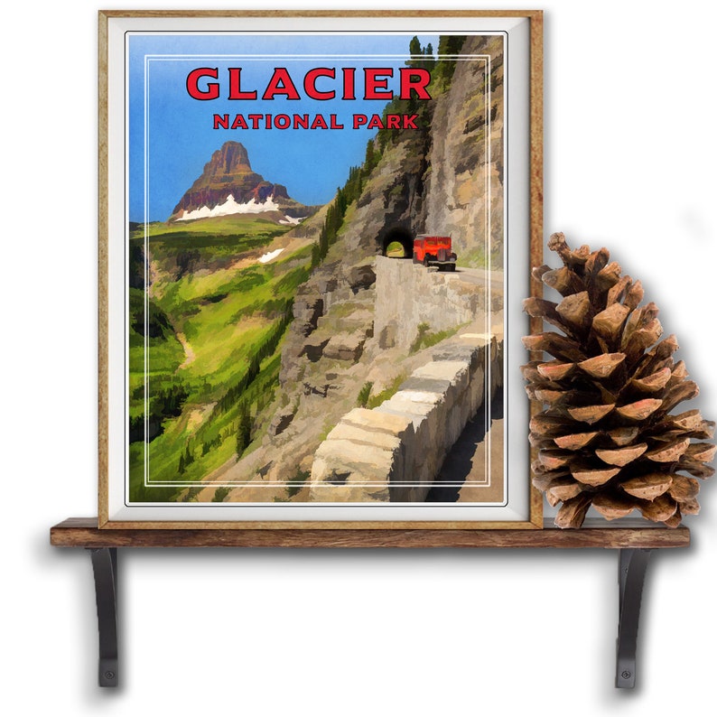 Glacier National Park Poster Wall Art Home Decor #vp42 Montana Print Glacier Red Bus Print Logan Pass