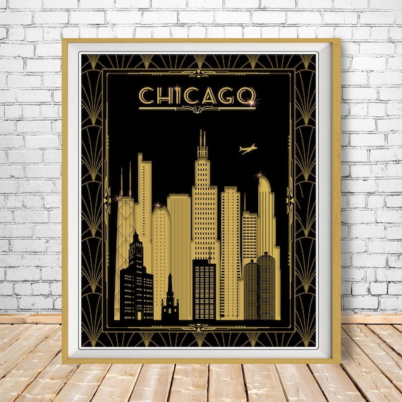 Chicago Skyline Print Art Deco Poster Chicago Cityscape - Etsy