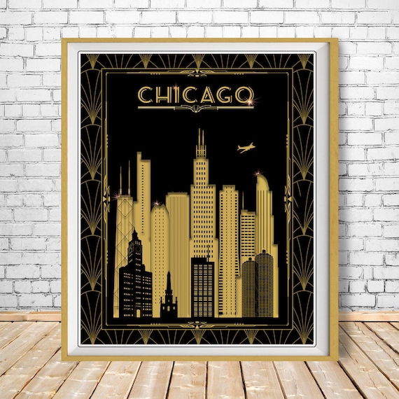 Chicago Skyline Print Art Deco Poster Chicago Cityscape Etsy
