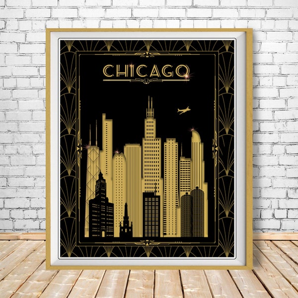 Chicago Skyline Print, Art Deco Poster, Chicago Cityscape Poster, Vintage Architecture Retro Skyscrapers st1 #vp169