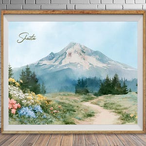May include: Watercolor painting of a mountain landscape with the word "Shasta" in the upper left corner. The artwork features a snow-capped mountain, a path, and colorful wildflowers in a wooden frame.