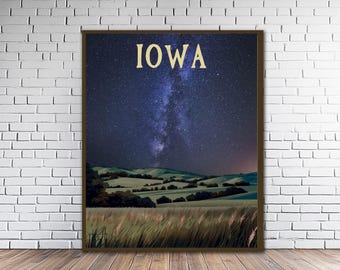 Affiche de voyage rétro paysage nocturne de l'Iowa, impression d'art (#st1v-vp0493)