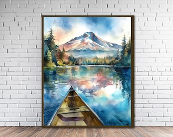 May include: Watercolor painting of a mountain landscape with a lake and a canoe. The artwork features a snow-capped mountain, trees, and a body of water reflecting the sky's colors. The text "Mount Hood" is visible.