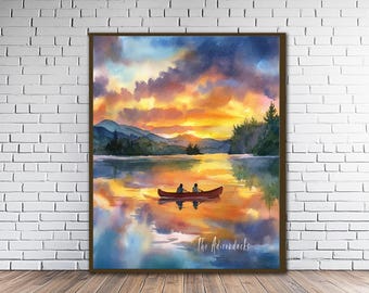 Canoeing on Adirondack Lake Watercolor Poster at Sunset Wall Art (#st1v-vp2140)
