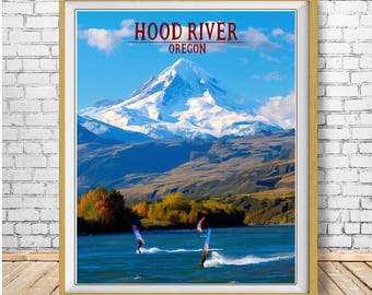 Windsurfing Poster, Hood River Oregon Print, Columbia River Gorge Print, Mount Hood Travel Poster Wind Surfing Oregon Decor (#st1v-vp0615)