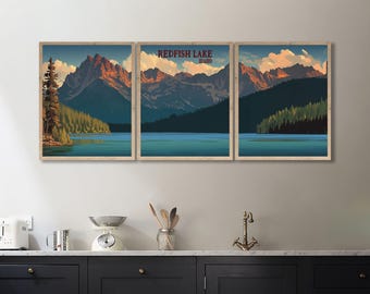 Redfish Lake, Sawtooth Mountains, Idaho Travel Poster - Set of 3 Panoramic Posters (#p3-vp2771)