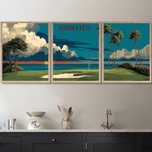 Florida Keys Travel Poster, Golf Poster, Key West Decor, Florida Decor, Sunset Print, Golf Decor, Miami Beach Art, Set of 3 pano3 #vp1095