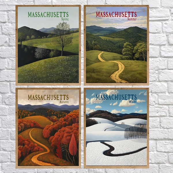 Massachusetts Poster, Discounted Set, Berkshires Prints, Four Seasons, Boston Art, Massachusetts Countryside Print, Rural Art st4 #vp613